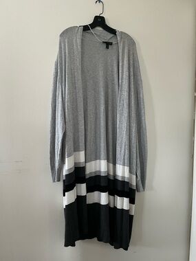 Lane Bryant Long Cardigan 26/28 Gray Striped Lagenlook Minimalist Open Front